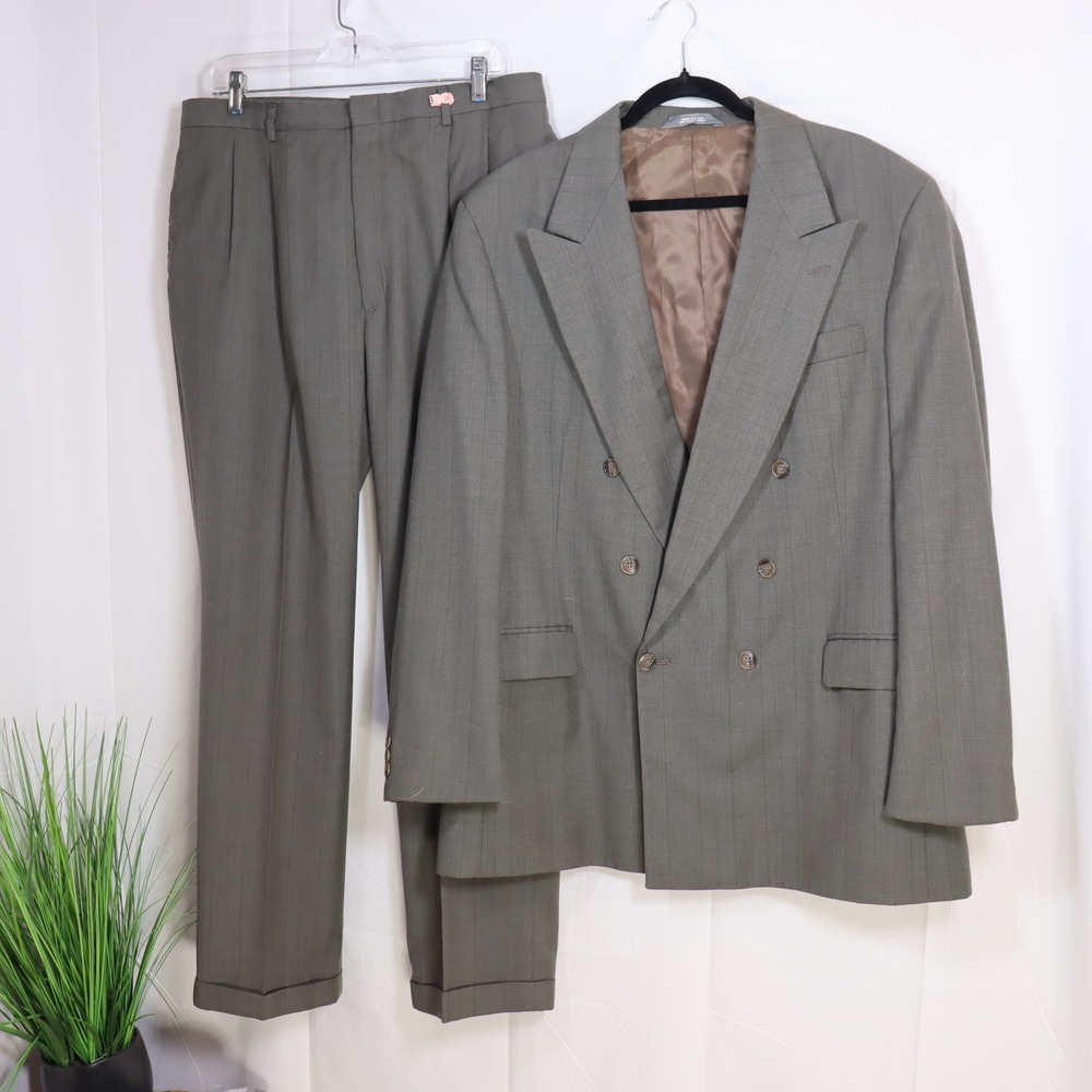Haggar Suit Mens 44L 36x31 Grey Pinstripe Double Breasted Imperial Blazer Pants